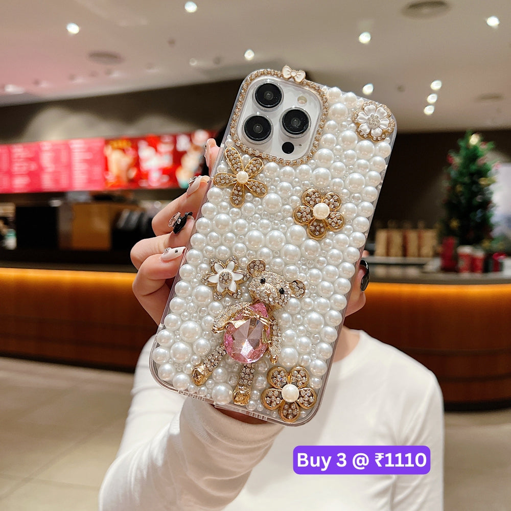 Handmade Decorative Pearl and Diamond Bear Phone Case - iPhone 16