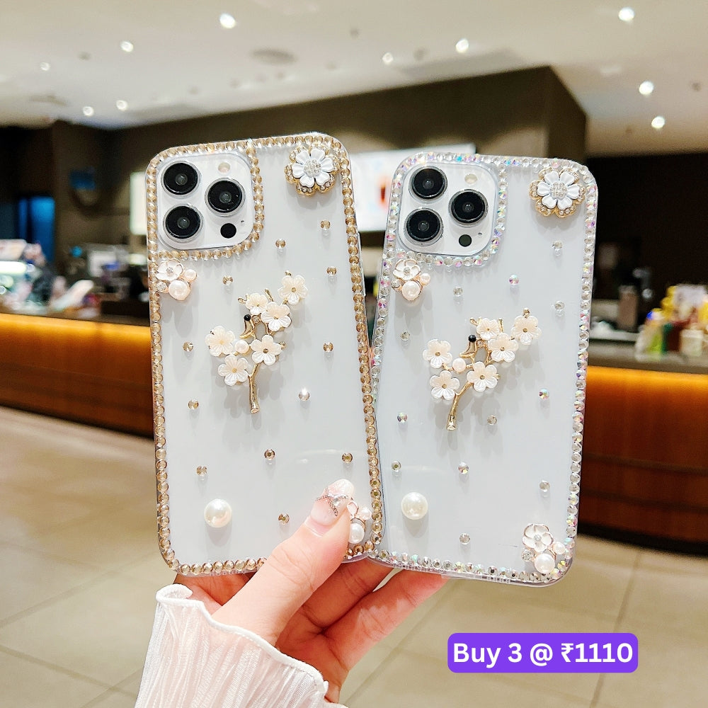 Handmade Jasmin Flower Pattern Diamond Border Transparent TPU(Soft) Case - Samsung S22 Ultra