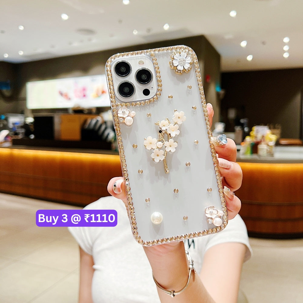 Handmade Jasmin Flower Pattern Diamond Border Transparent TPU(Soft) Case - Samsung S22 Ultra