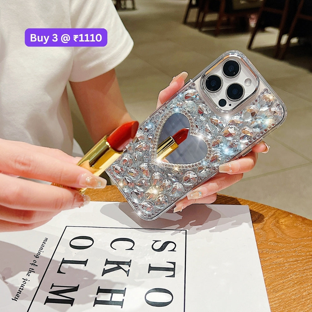 Heart shaped Makeup Mirror Dimond TPU (Soft) Phone Case | Mobile Cover - iPhone 16 Plus