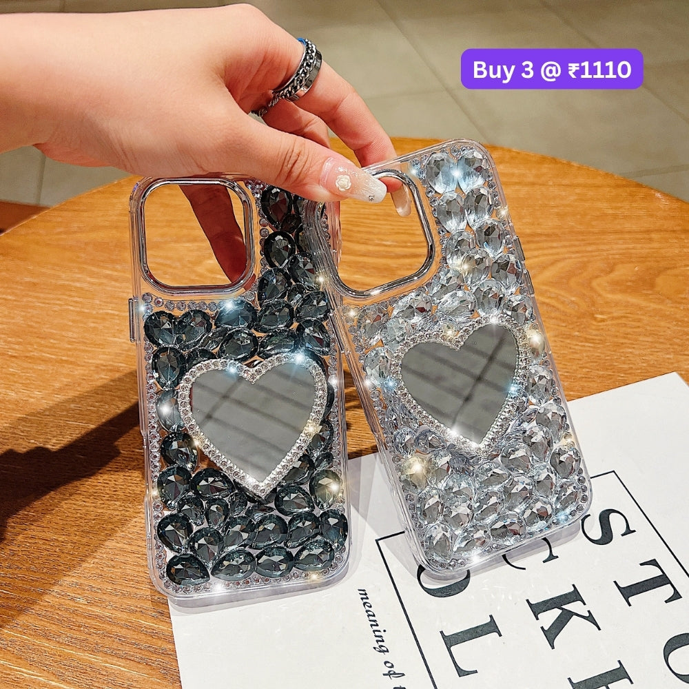 Heart shaped Makeup Mirror Dimond TPU (Soft) Phone Case | Mobile Cover - iPhone 16 Pro