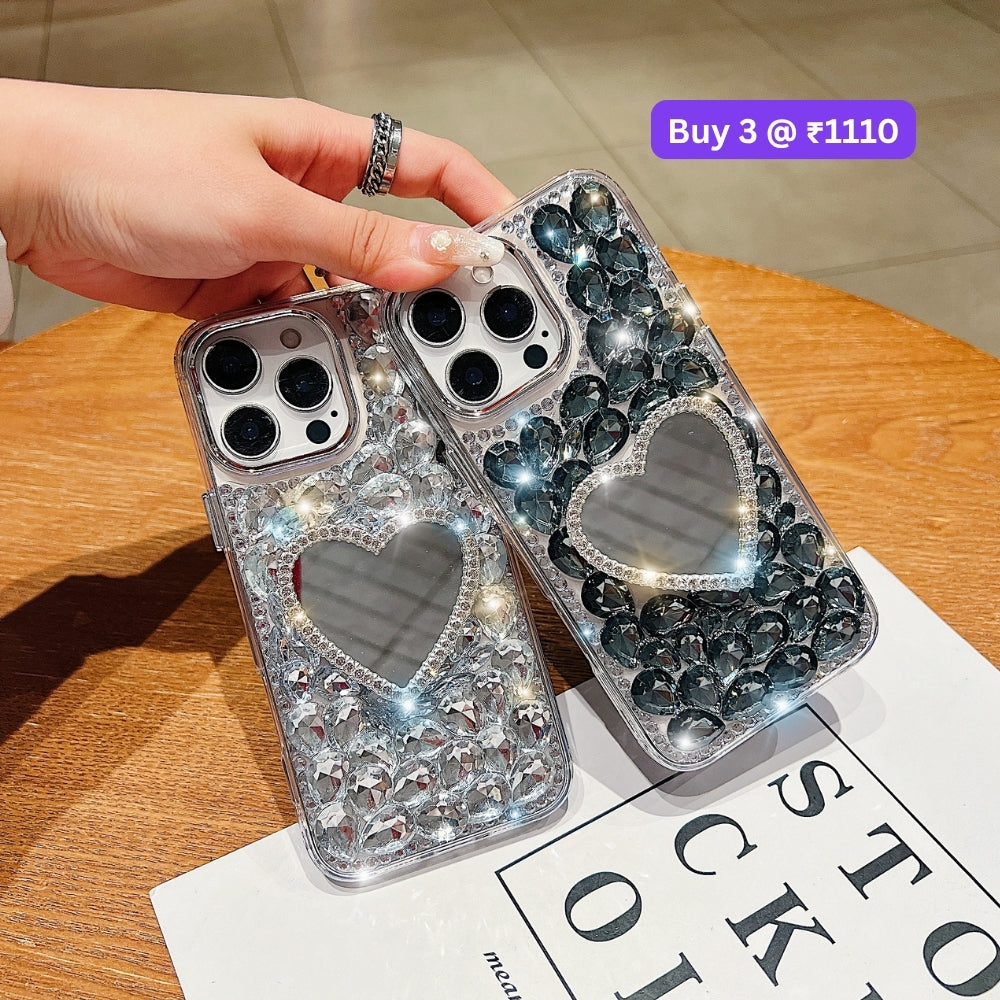 Heart shaped Makeup Mirror Dimond TPU (Soft) Phone Case | Mobile Cover - iPhone 16 Pro