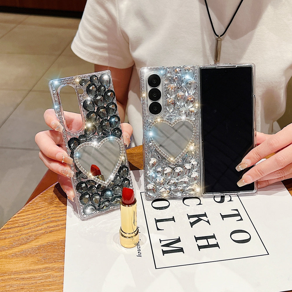 Heart shaped Makeup Mirror Dimond TPU (Soft) Phone Case | Mobile Cover - Samsung Z Fold 5