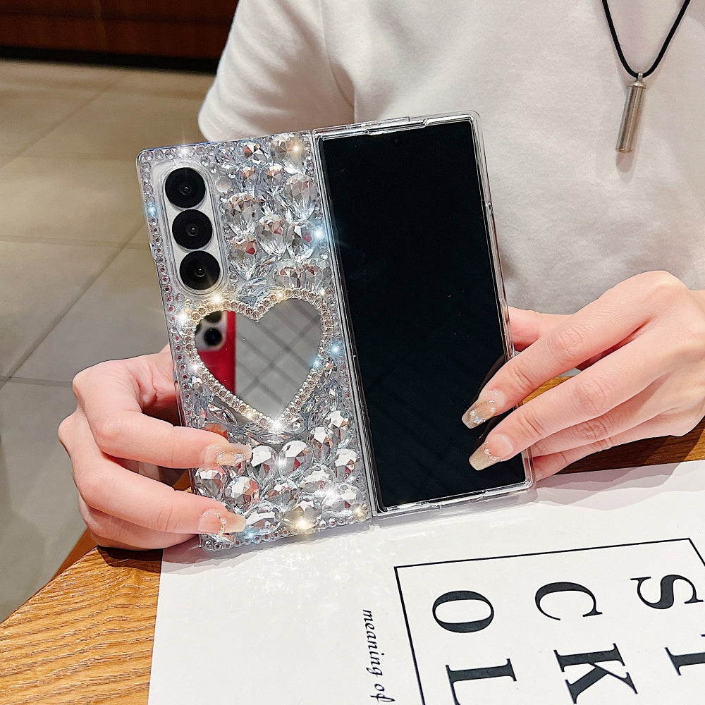 Heart shaped Makeup Mirror Dimond TPU (Soft) Phone Case | Mobile Cover - Samsung Z Fold 5