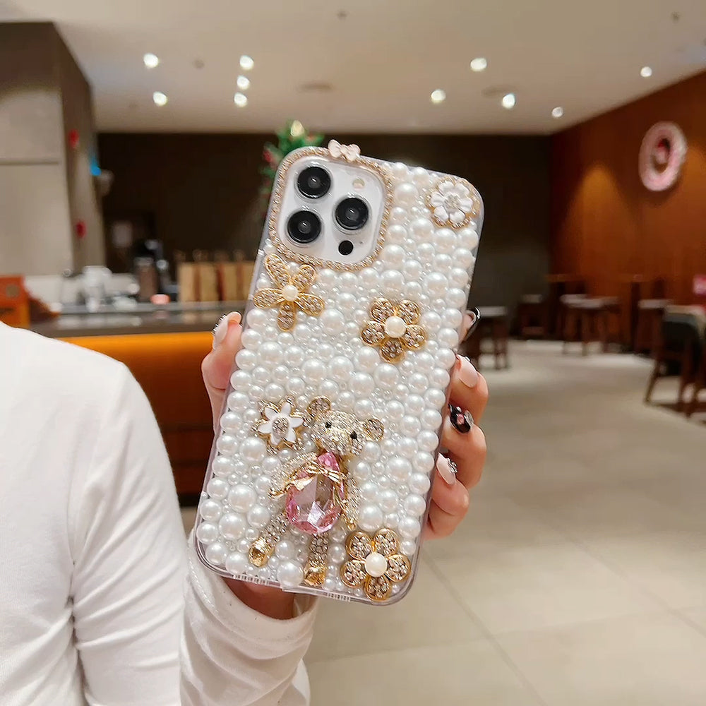 Handmade Decorative Pearl and Diamond Bear Phone Case - iPhone 15 Pro Max
