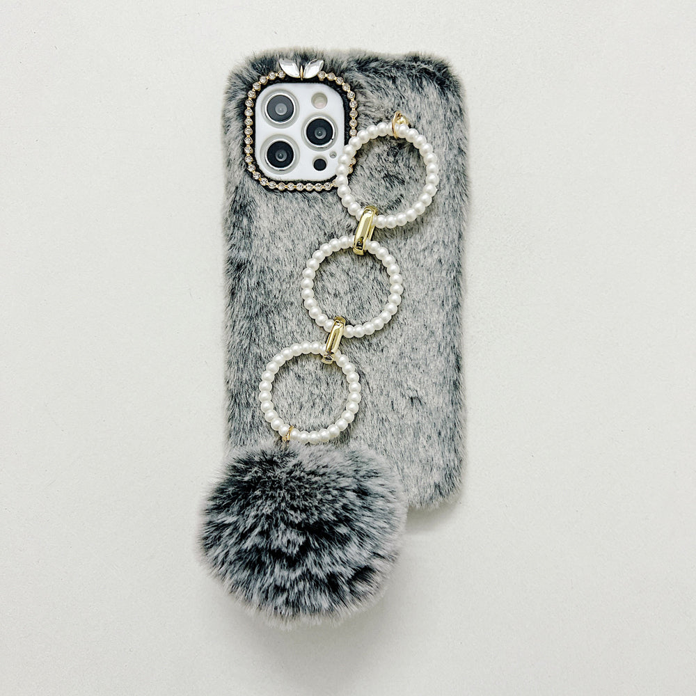 Luxury Winter Soft Furry Phone Case With Pearl Bracelet - iPhone 12