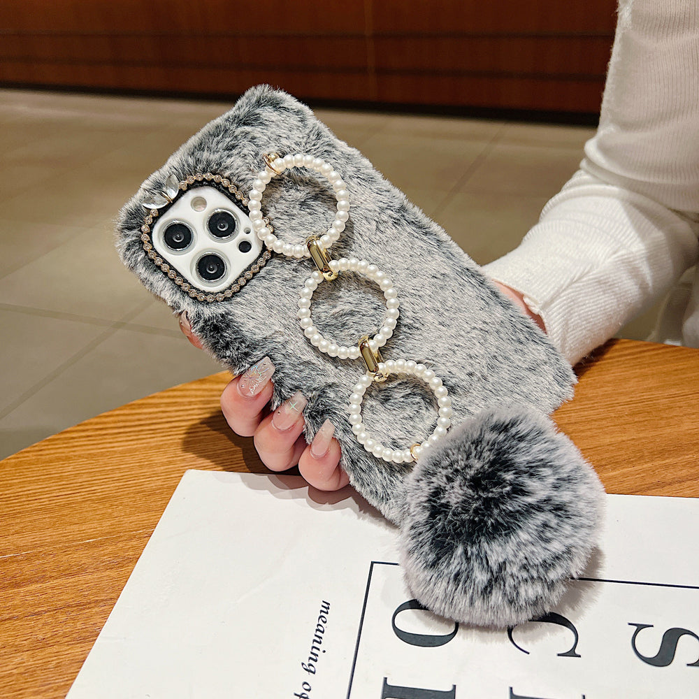 Luxury Winter Soft Furry Phone Case With Pearl Bracelet - Oppo Reno 10 Pro