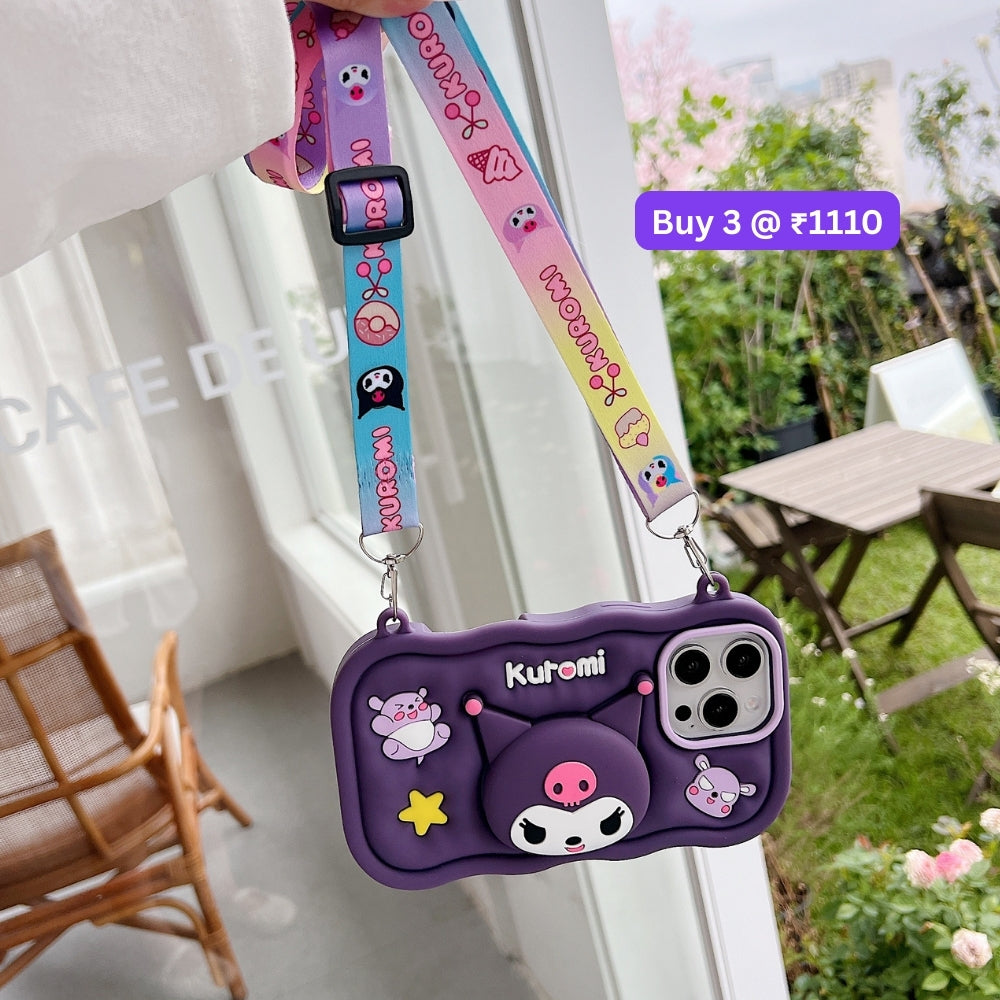 Kuromi Retractable Stand Phone Case with Shoulder Strap | Mobile Cover - iPhone 14 Pro Max