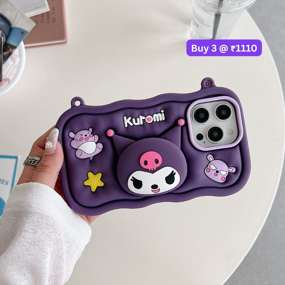 Kuromi Retractable Stand Phone Case with Shoulder Strap | Mobile Cover - iPhone 14 Pro Max