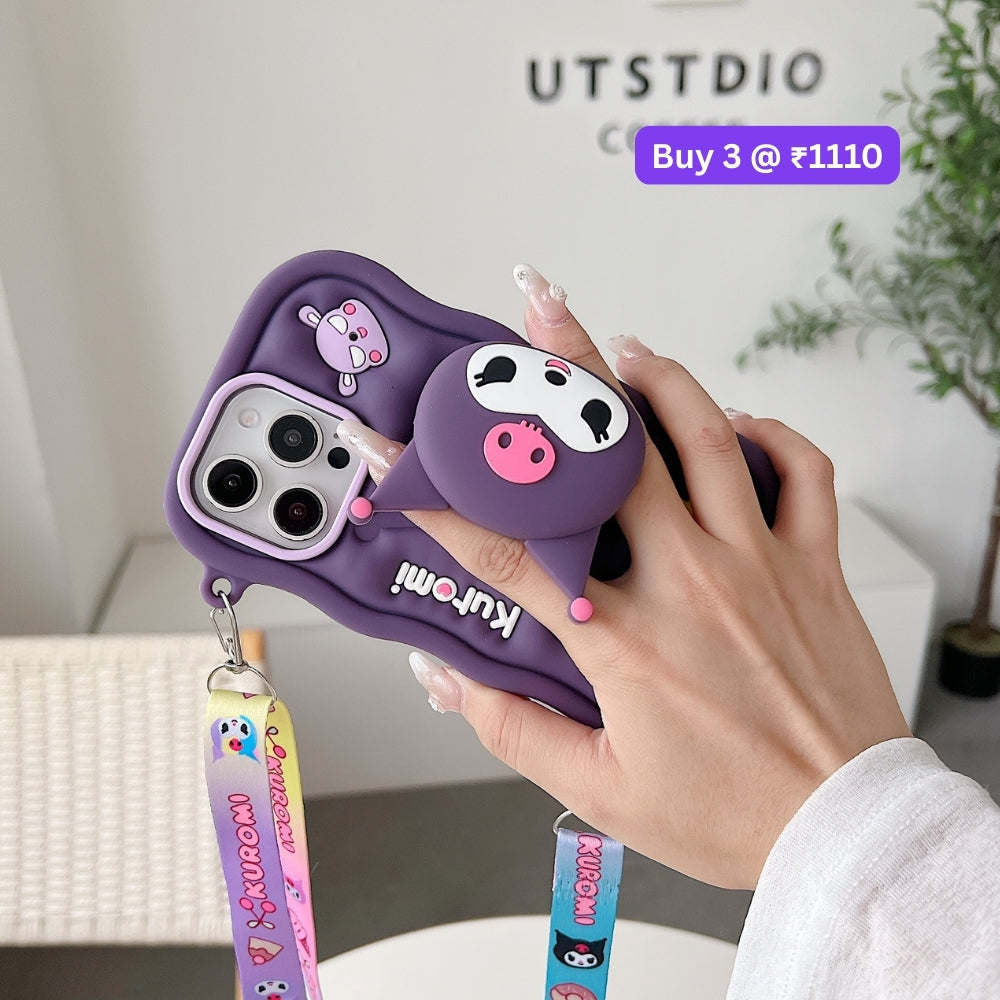 Kuromi Retractable Stand Phone Case with Shoulder Strap | Mobile Cover - iPhone 14 Pro Max