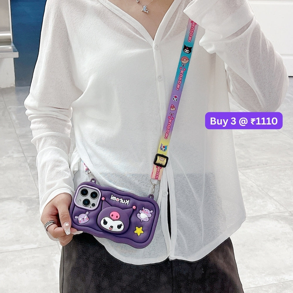 Kuromi Retractable Stand Phone Case with Shoulder Strap | Mobile Cover - iPhone 14 Pro