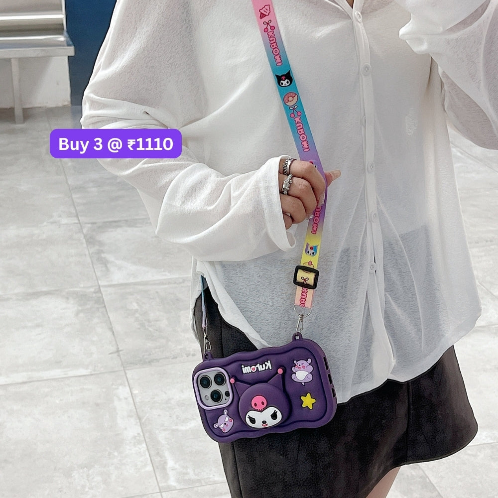 Kuromi Retractable Stand Phone Case with Shoulder Strap | Mobile Cover - iPhone 14 Pro Max