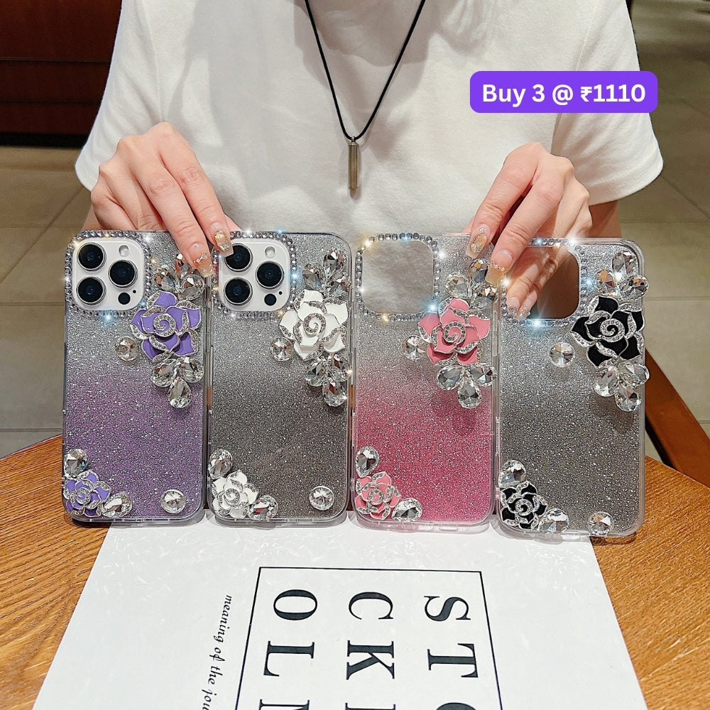 Luxury Camellia Water Diamond PC (Hard) Phone Case with Shimmer Paper - iPhone 13 Pro Max