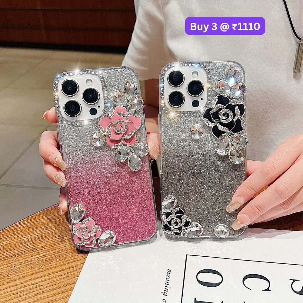 Luxury Camellia Water Diamond PC (Hard) Phone Case with Shimmer Paper - iPhone 13 Pro Max