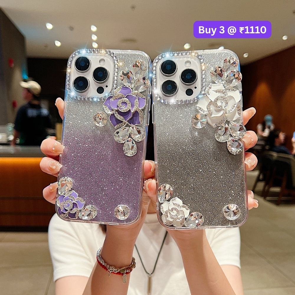 Luxury Camellia Water Diamond PC (Hard) Phone Case with Shimmer Paper - iPhone 13 Pro Max