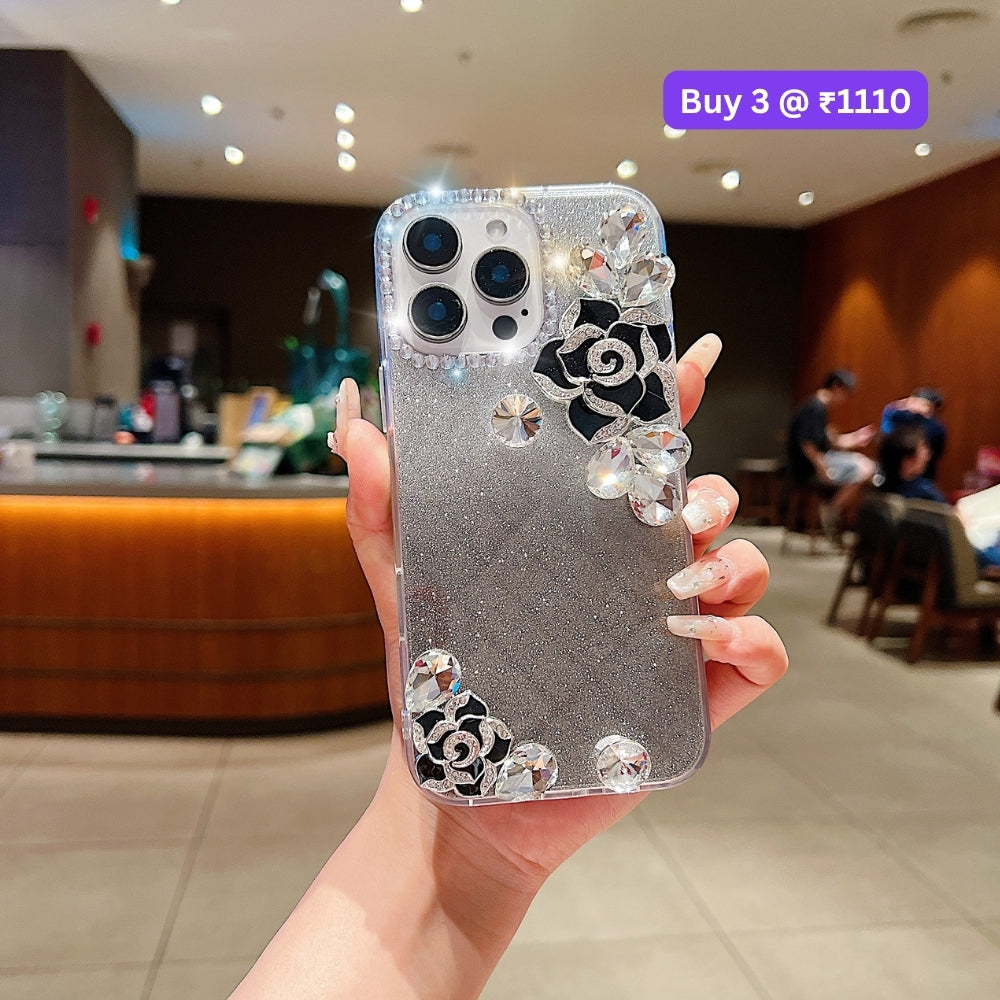 Luxury Camellia Water Diamond PC (Hard) Phone Case with Shimmer Paper - iPhone 13 Pro Max