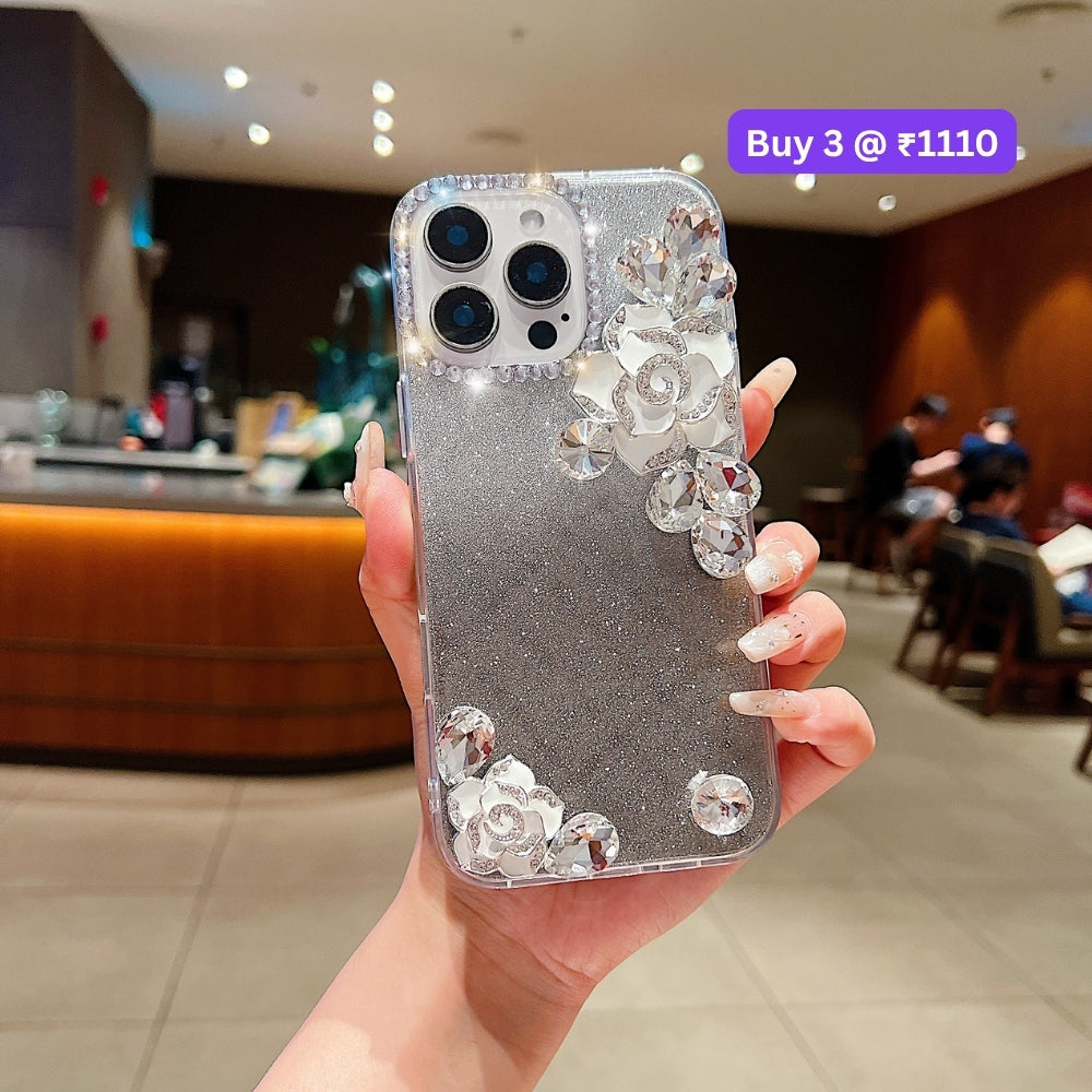 Luxury Camellia Water Diamond PC (Hard) Phone Case with Shimmer Paper - iPhone 13 Pro Max