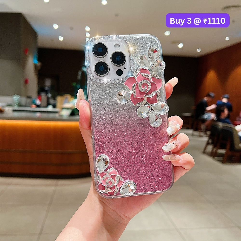 Luxury Camellia Water Diamond PC (Hard) Phone Case with Shimmer Paper - iPhone 13 Pro Max