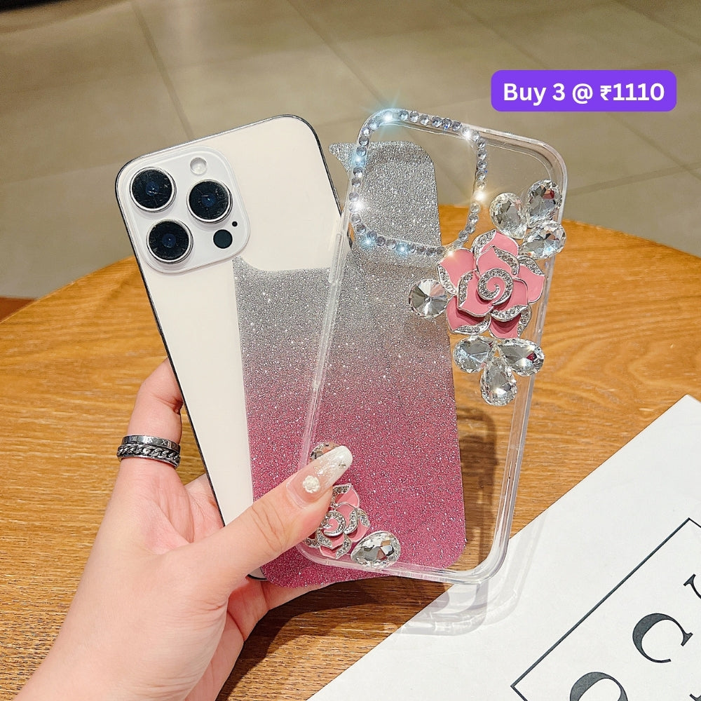 Luxury Camellia Water Diamond PC (Hard) Phone Case with Shimmer Paper - iPhone 13 Pro Max