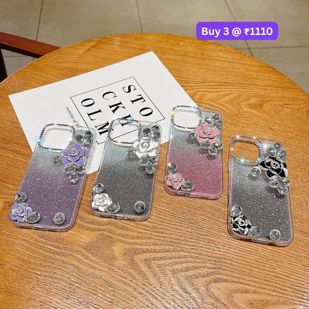 Luxury Camellia Water Diamond PC (Hard) Phone Case with Shimmer Paper - iPhone 13 Pro Max