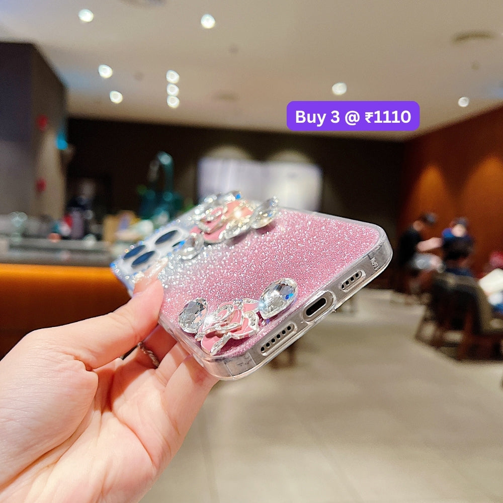 Luxury Camellia Water Diamond PC (Hard) Phone Case with Shimmer Paper - iPhone 13 Pro Max