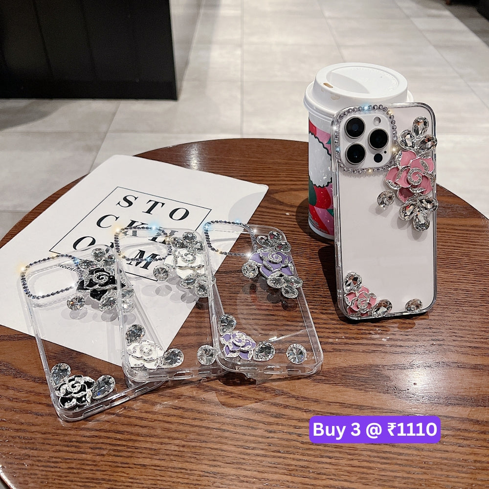 Luxury Camellia Water Diamond Transparent Phone Case - Samsung S25 Ultra