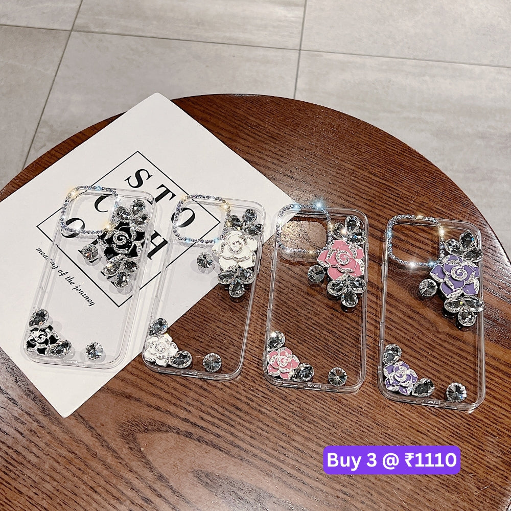 Luxury Camellia Water Diamond Transparent Phone Case - Samsung S25 Ultra