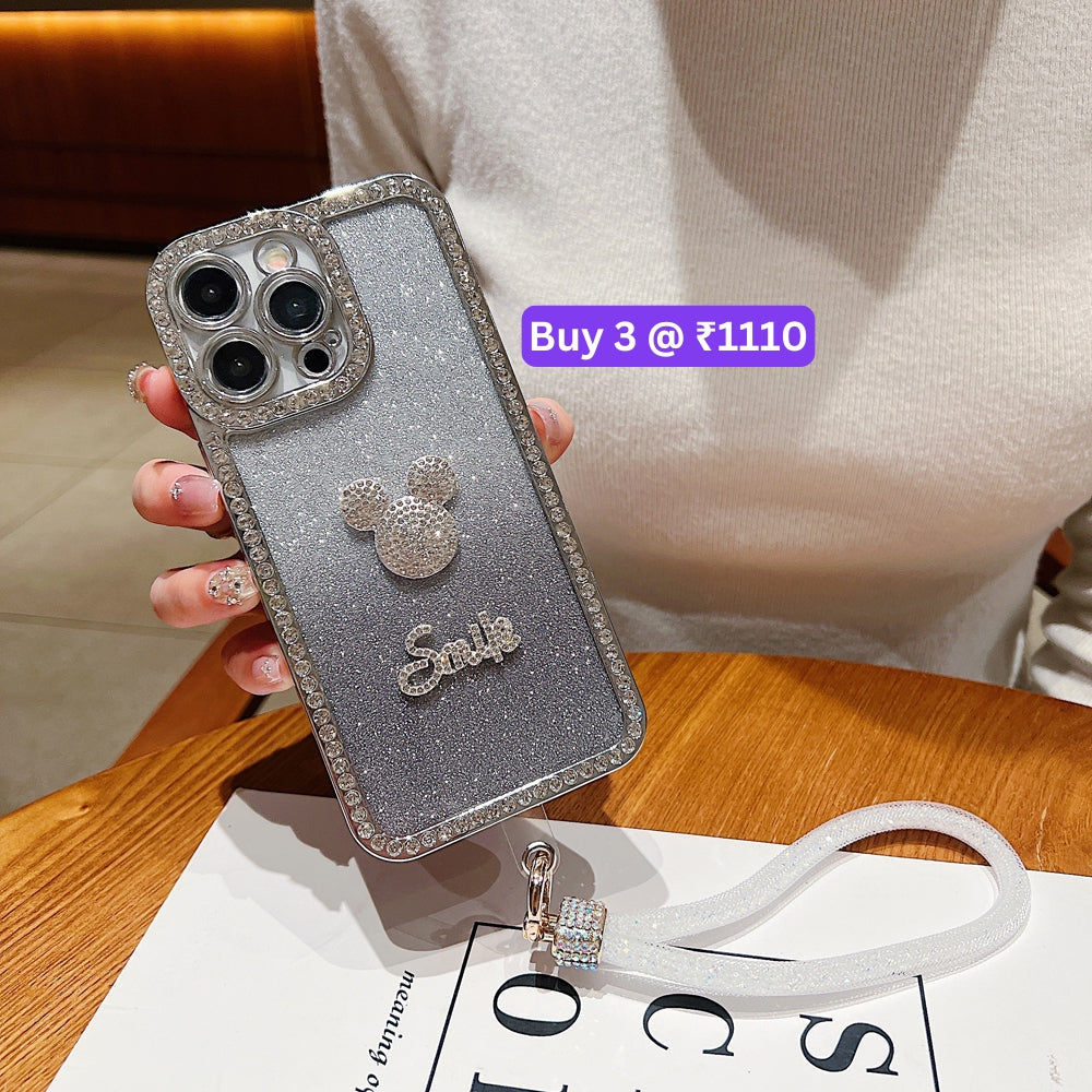 Luxury Design Glittery Cartoon Diamond Border Phone Case with Bracelet - iPhone 15 Pro Max