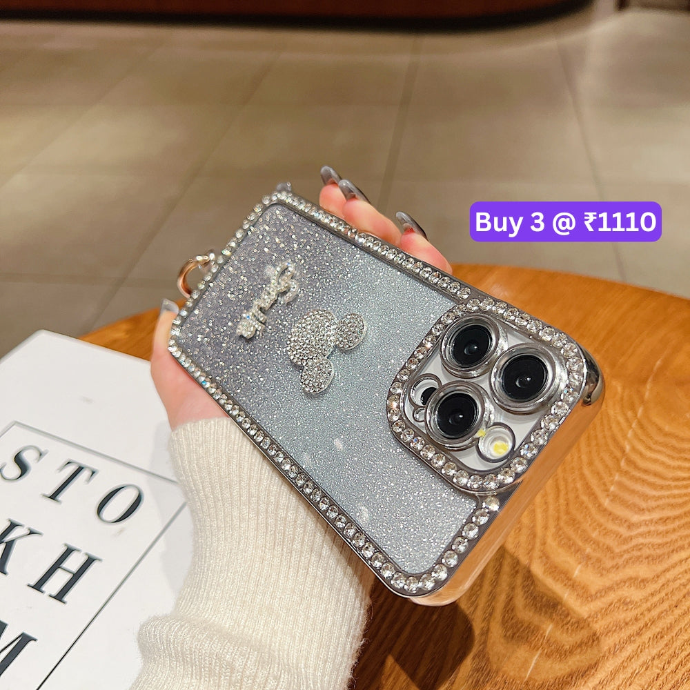 Luxury Design Glittery Cartoon Diamond Border Phone Case with Bracelet - iPhone 15 Pro Max