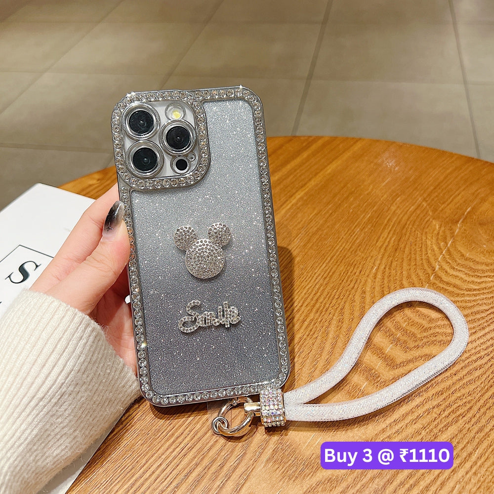 Luxury Design Glittery Cartoon Diamond Border Phone Case with Bracelet - iPhone 15 Pro Max
