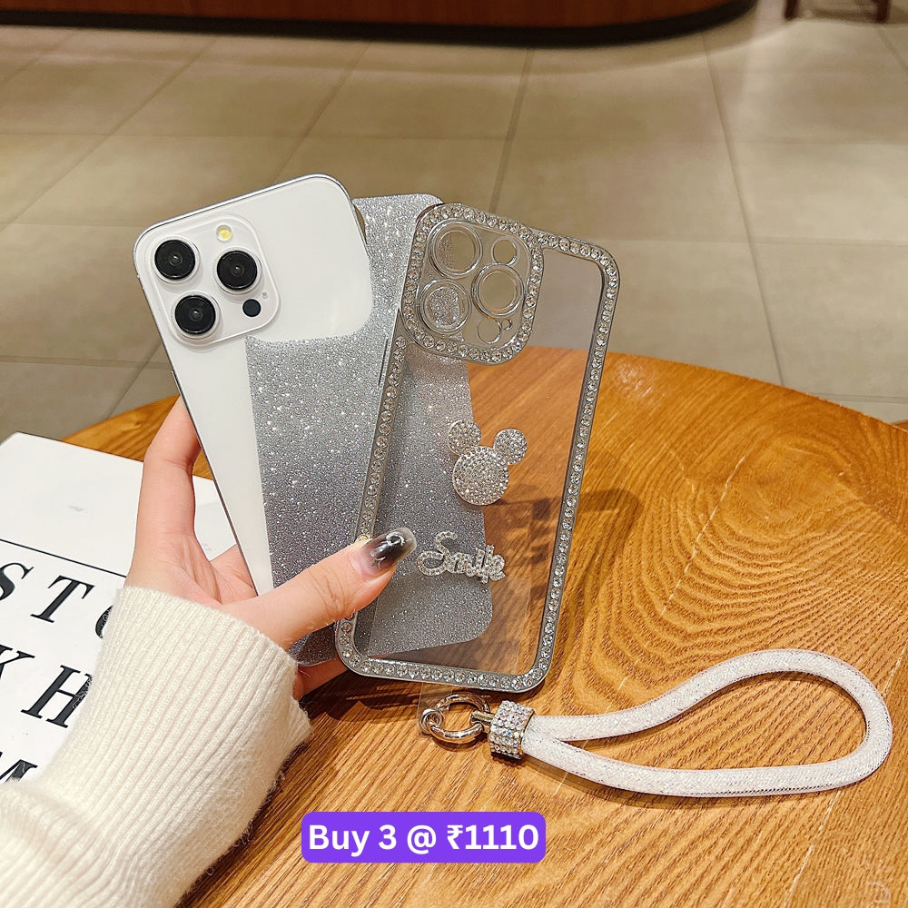 Luxury Design Glittery Cartoon Diamond Border Phone Case with Bracelet - iPhone 15 Pro Max