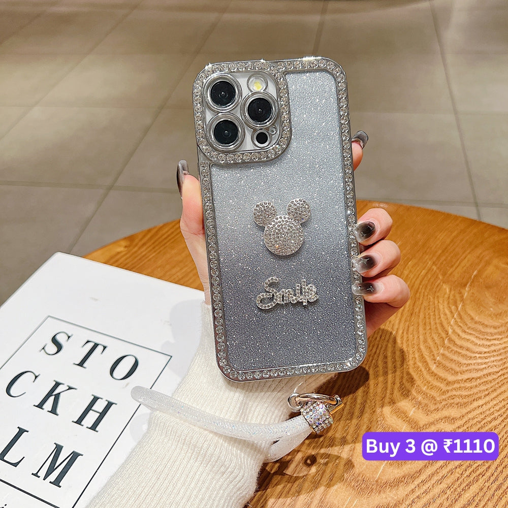 Luxury Design Glittery Cartoon Diamond Border Phone Case with Bracelet - iPhone 15 Pro Max