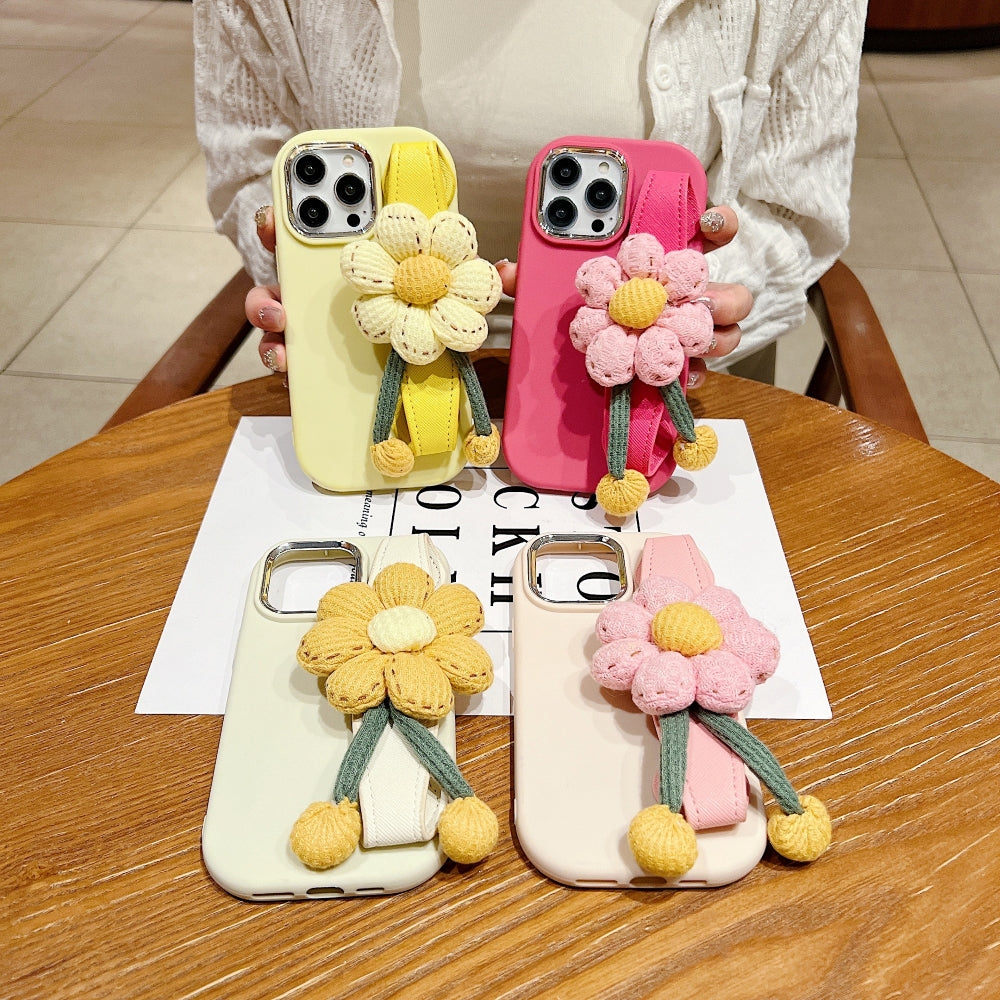 Silicone Metal Ring Flower Wrist Strap Holder Phone Case - iPhone 14 Pro