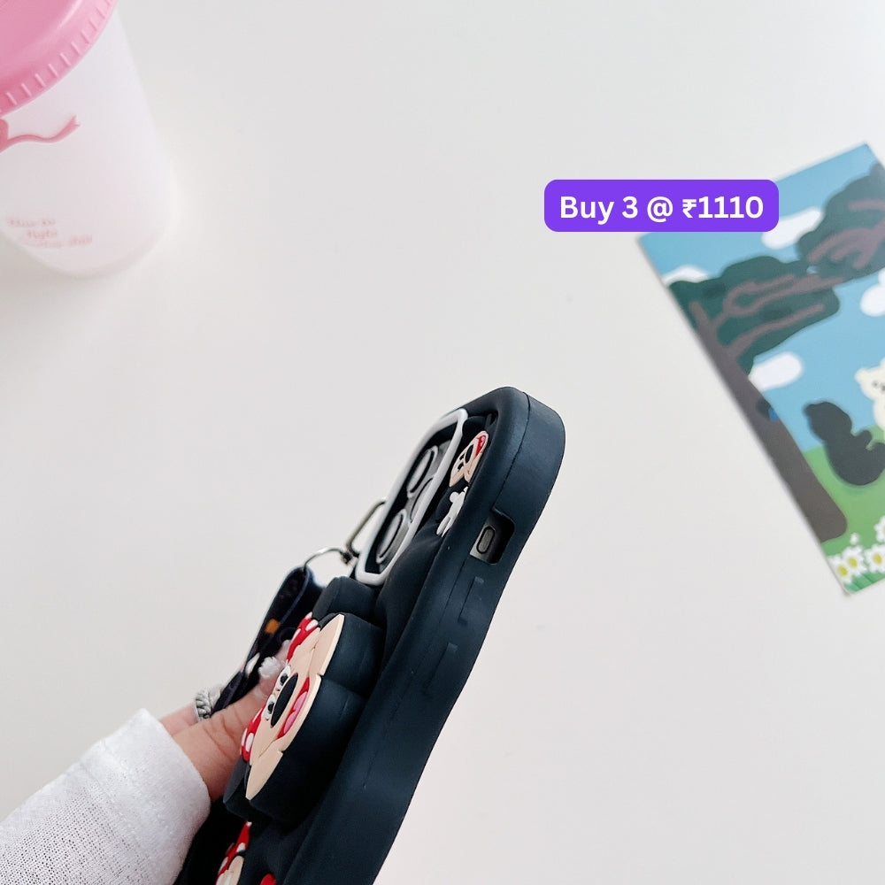 Minnie Cartoon Kickstand Phone Case with Shoulder Strap | Mobile Cover - iPhone 15 Pro