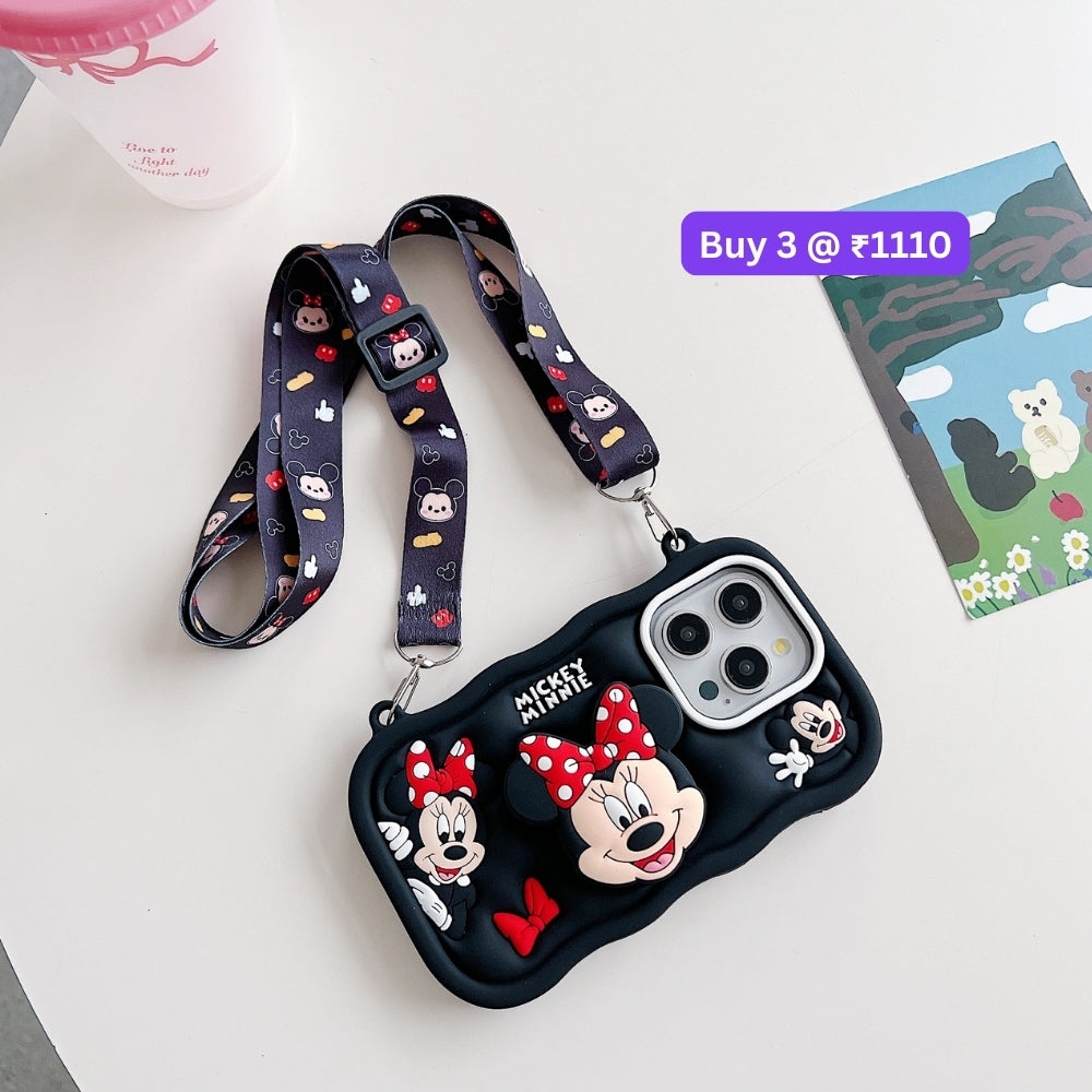 Minnie Cartoon Kickstand Phone Case with Shoulder Strap | Mobile Cover - iPhone 14 Pro Max