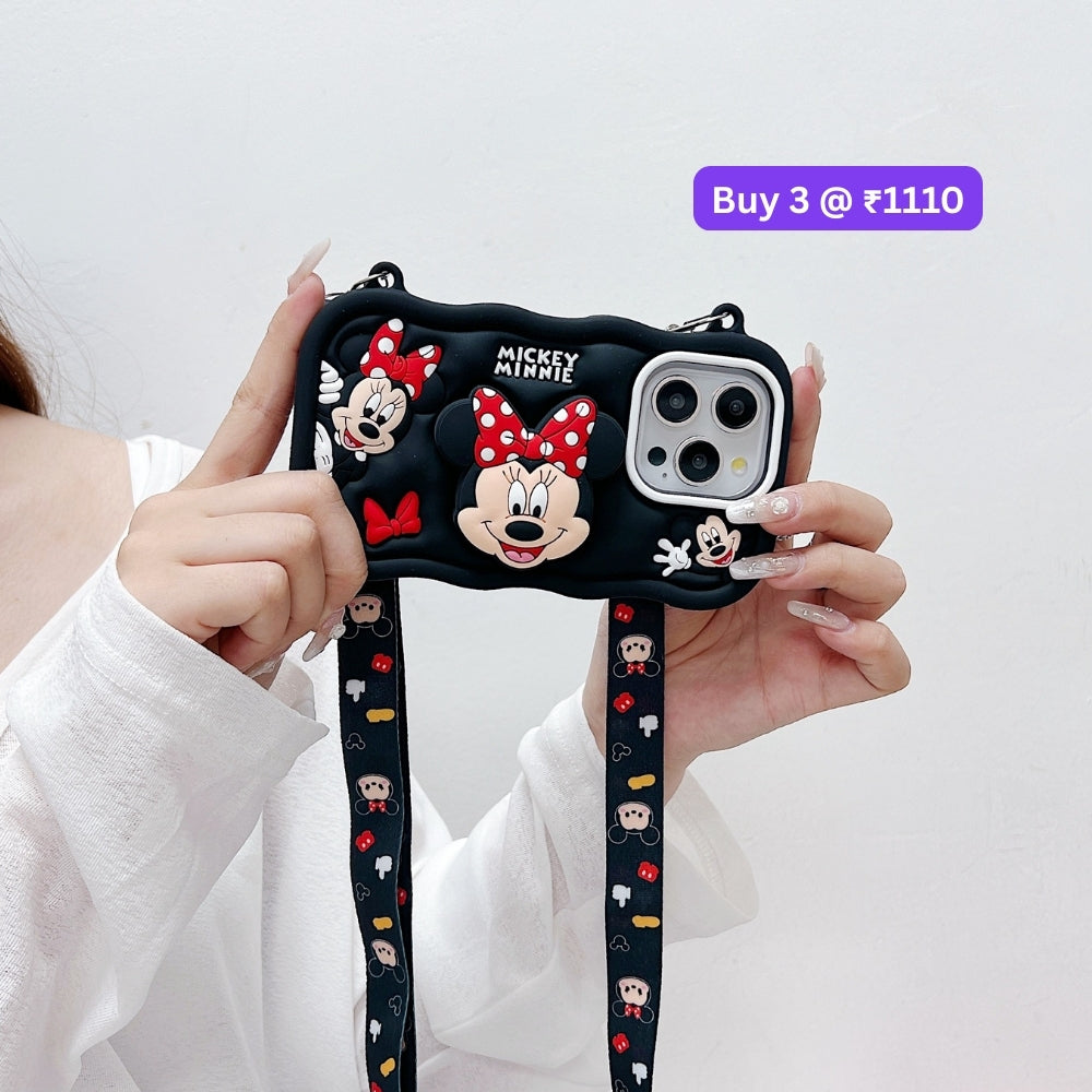 Minnie Cartoon Kickstand Phone Case with Shoulder Strap | Mobile Cover - iPhone 14 Pro Max
