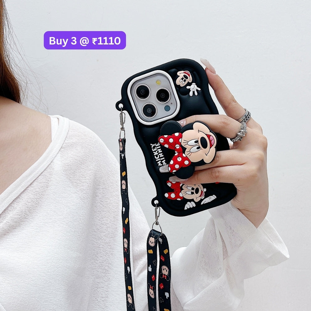 Minnie Cartoon Kickstand Phone Case with Shoulder Strap | Mobile Cover - iPhone 14 Pro Max