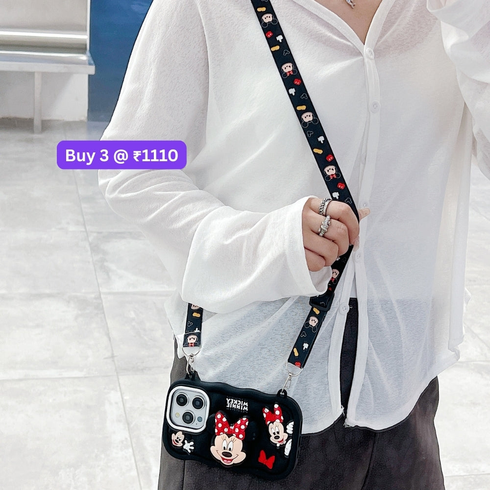 Minnie Cartoon Kickstand Phone Case with Shoulder Strap | Mobile Cover - iPhone 14 Pro Max