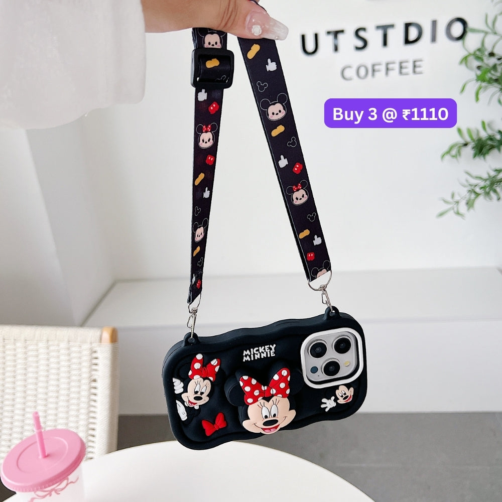 Minnie Cartoon Kickstand Phone Case with Shoulder Strap | Mobile Cover - iPhone 15 Pro
