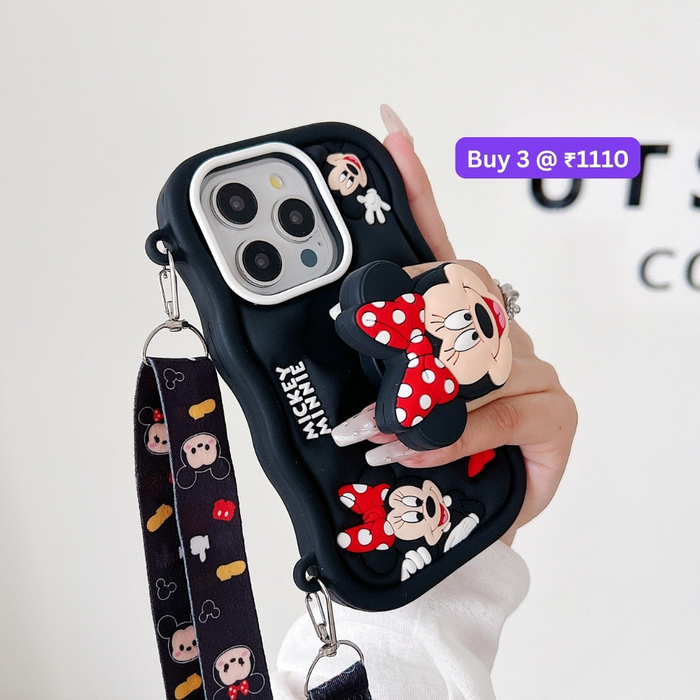 Minnie Cartoon Kickstand Phone Case with Shoulder Strap | Mobile Cover - iPhone 14 Pro Max