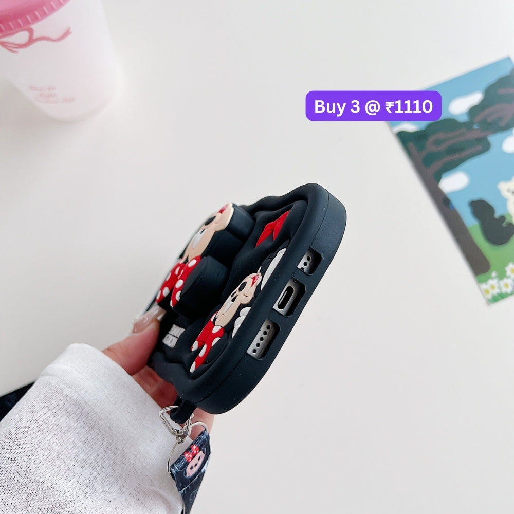 Minnie Cartoon Kickstand Phone Case with Shoulder Strap | Mobile Cover - iPhone 15 Pro