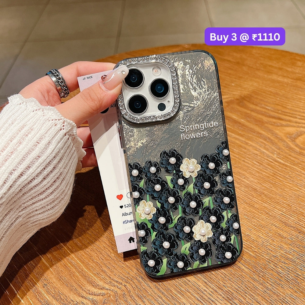 Oil Painted Flower with Embossed Pearl TPU (Soft) Phone Case | Mobile Cover - iPhone 14 Plus