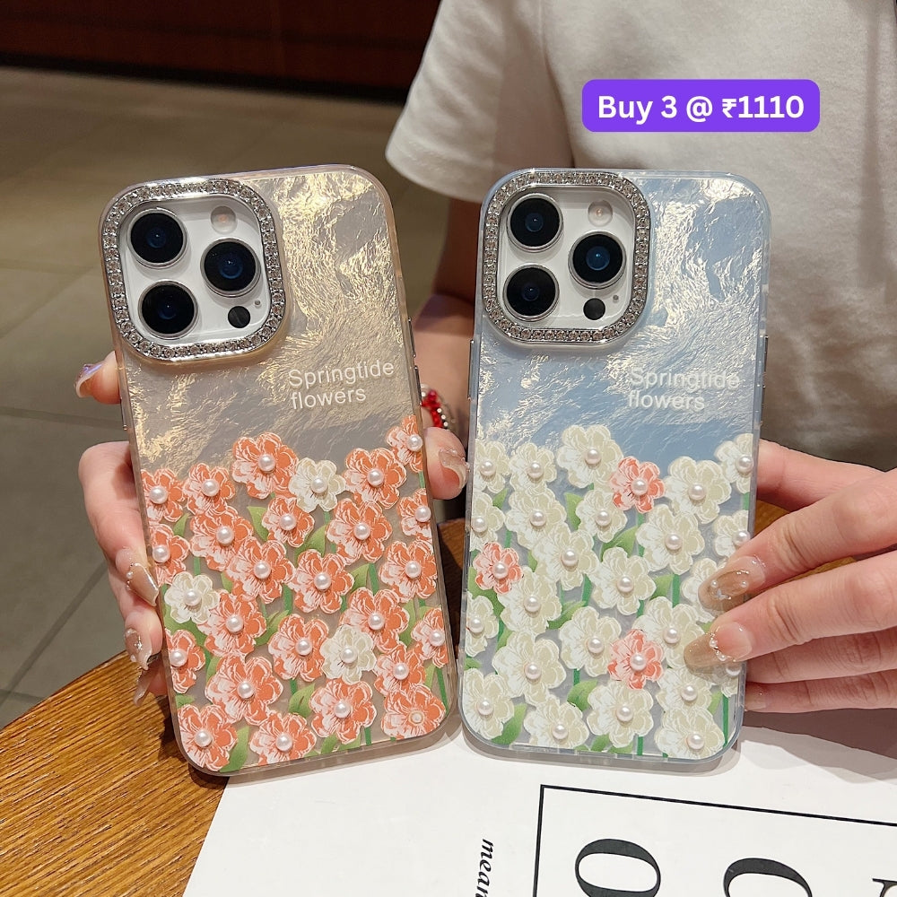 Oil Painted Flower with Embossed Pearl TPU (Soft) Phone Case | Mobile Cover - iPhone 14 Pro