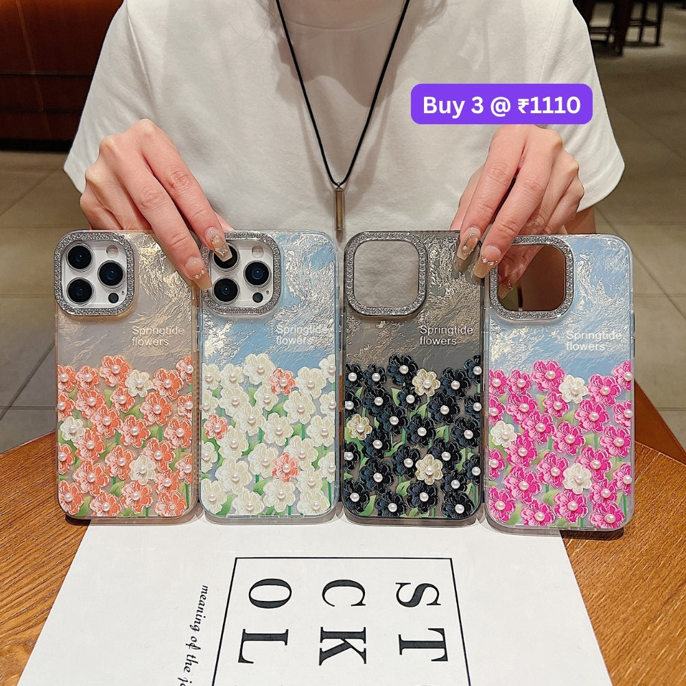 Oil Painted Flower with Embossed Pearl TPU (Soft) Phone Case | Mobile Cover - iPhone 16 Plus