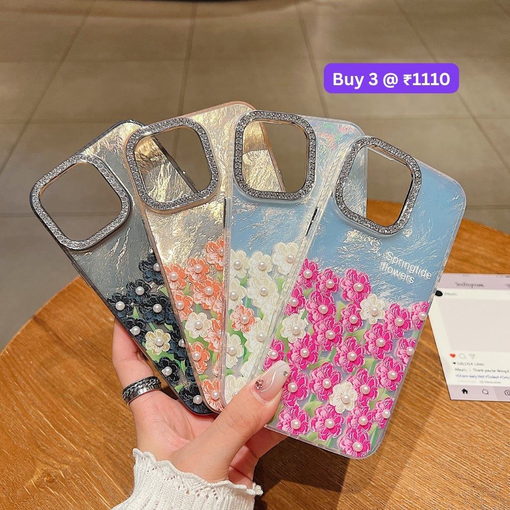 Oil Painted Flower with Embossed Pearl TPU (Soft) Phone Case | Mobile Cover - iPhone 16