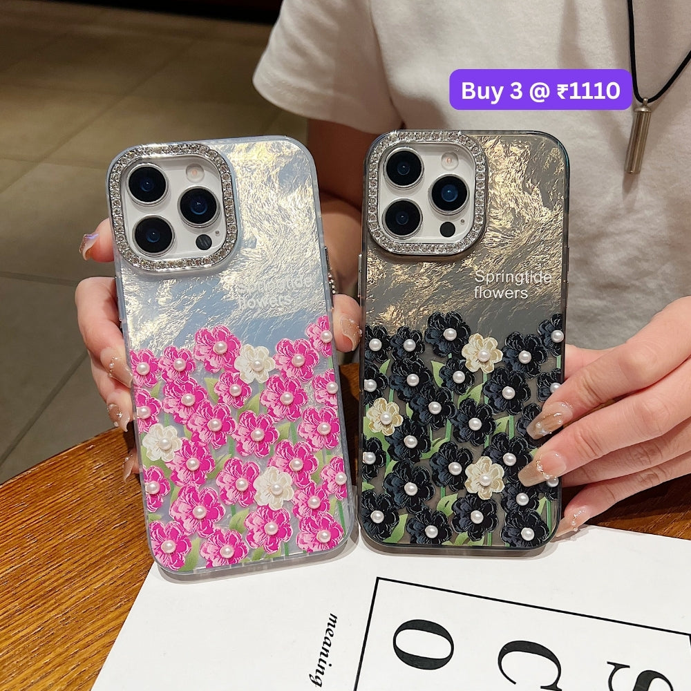 Oil Painted Flower with Embossed Pearl TPU (Soft) Phone Case | Mobile Cover - iPhone 14