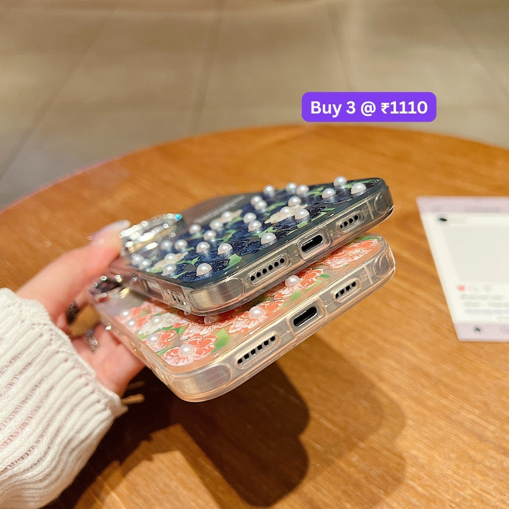 Oil Painted Flower with Embossed Pearl TPU (Soft) Phone Case | Mobile Cover - iPhone 14 Pro