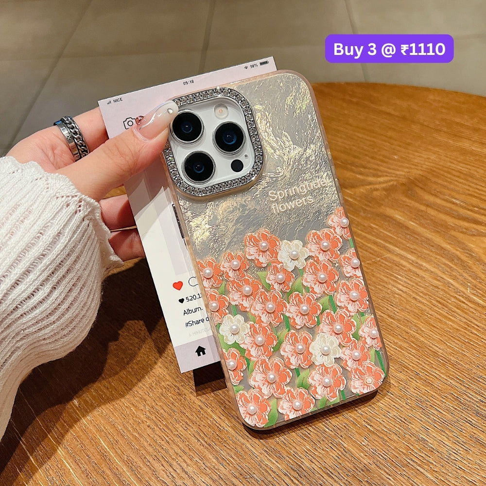 Oil Painted Flower with Embossed Pearl TPU (Soft) Phone Case | Mobile Cover - iPhone 16 Plus