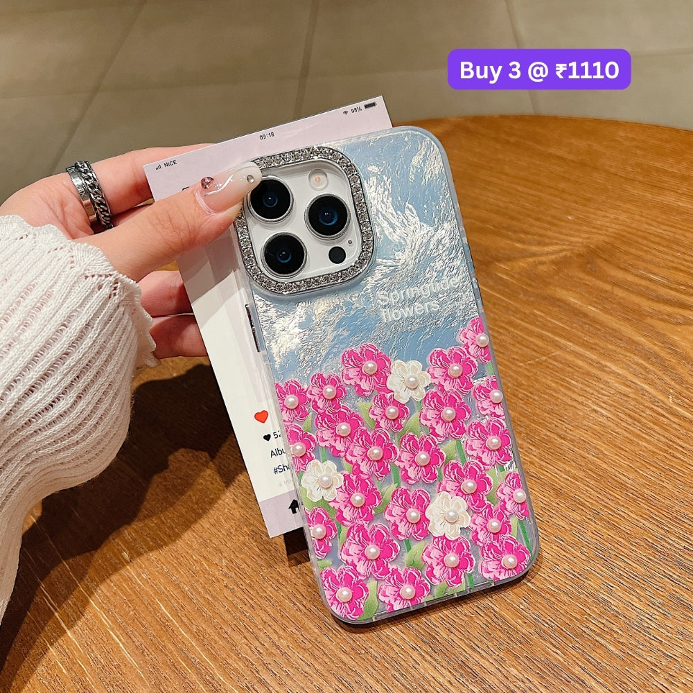 Oil Painted Flower with Embossed Pearl TPU (Soft) Phone Case | Mobile Cover - iPhone 16 Plus