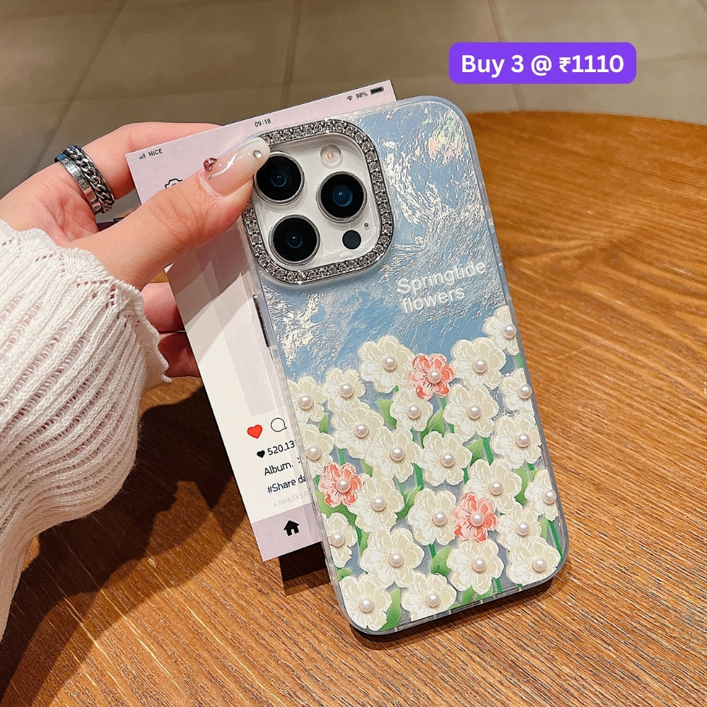 Oil Painted Flower with Embossed Pearl TPU (Soft) Phone Case | Mobile Cover - iPhone 14 Plus